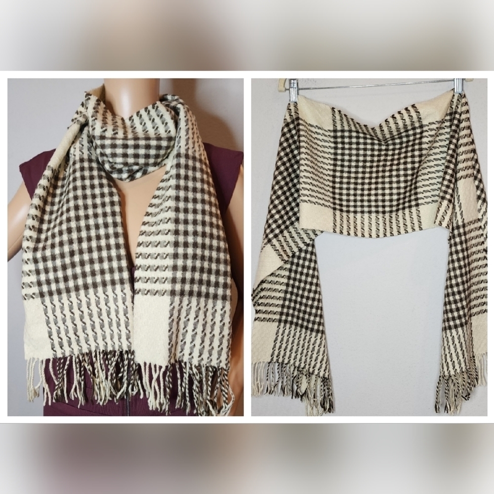 100% cashmere made in Germany cream and brown fringe scarf.